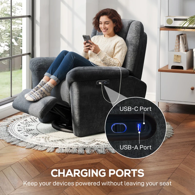 HOMCOM Power Recliner Chair, Fabric Upholstered Recliner Chair with USB Ports, Swivel and Rocking Function, Footrest, Dark Grey
