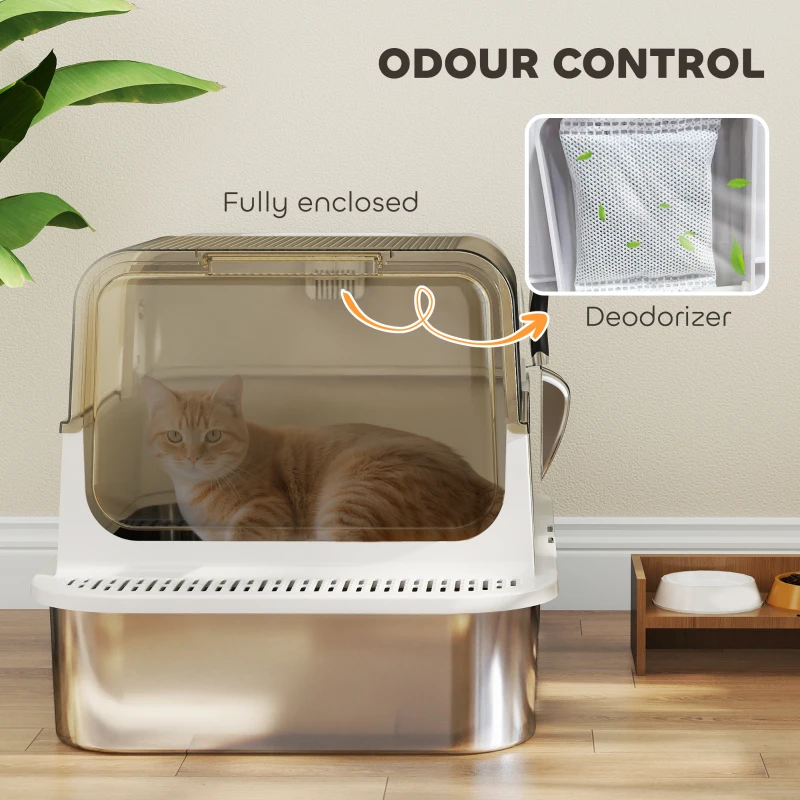 PawHut Stainless Steel Cat Litter Box, Easy-Clean Enclosure with Scoop & Flip Lid, 27.6" L x 19.7" W x 18.3" H, White