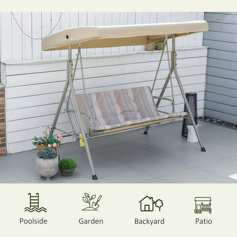 Outsunny 3-Seat Patio Swing Chair, Outdoor Porch Swing Glider with Adjustable Canopy, Light Brown