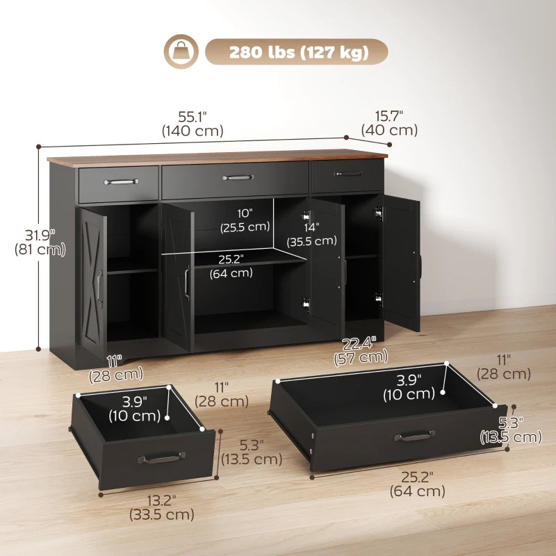 HOMCOM Sideboard Buffet Cabinet, 55" Farmhouse Kitchen Cabinet with 4 Barn Doors, 3 Drawers, 3 Adjustable Shelves, Black