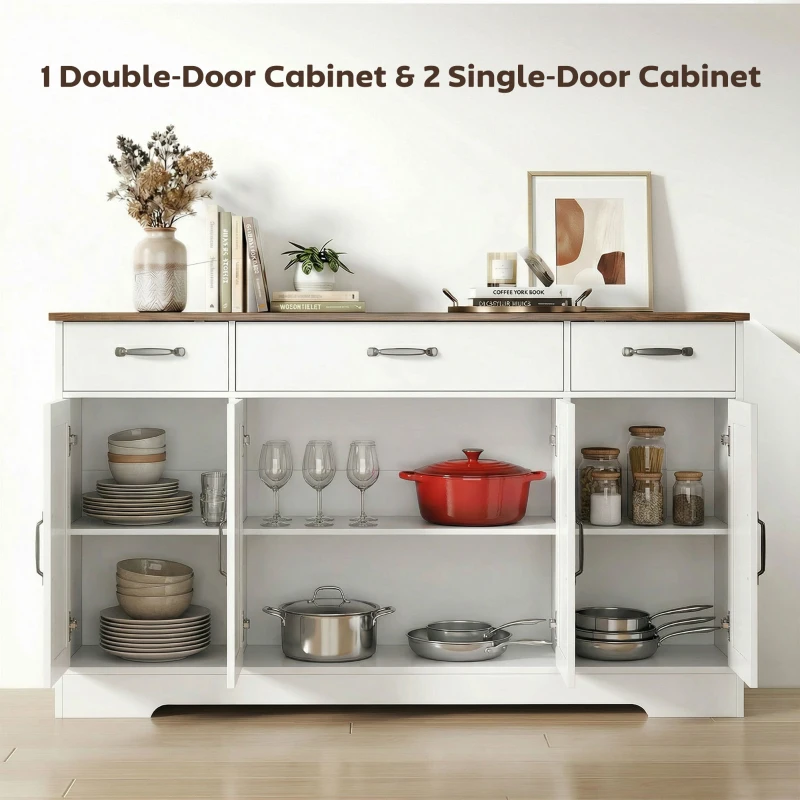 HOMCOM Sideboard Buffet Cabinet, 55" Farmhouse Kitchen Cabinet with 4 Barn Doors, 3 Drawers, 3 Adjustable Shelves, White