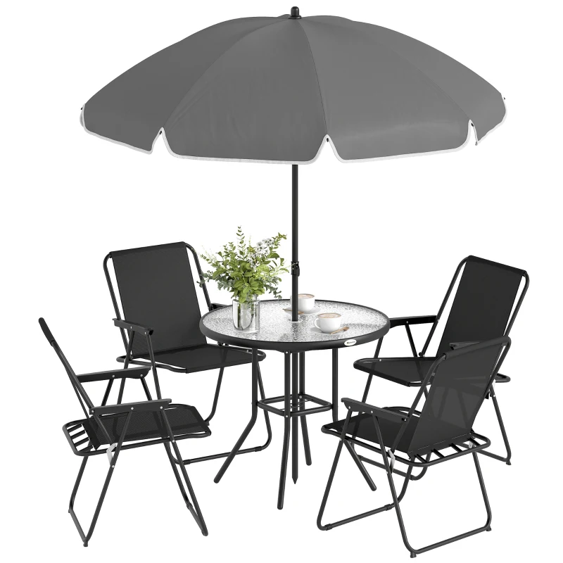 Outsunny 6 Pieces Patio Dining Set with Umbrella, Patio Furniture Set with Folding Chairs, Glass Table for Garden Backyard, Black