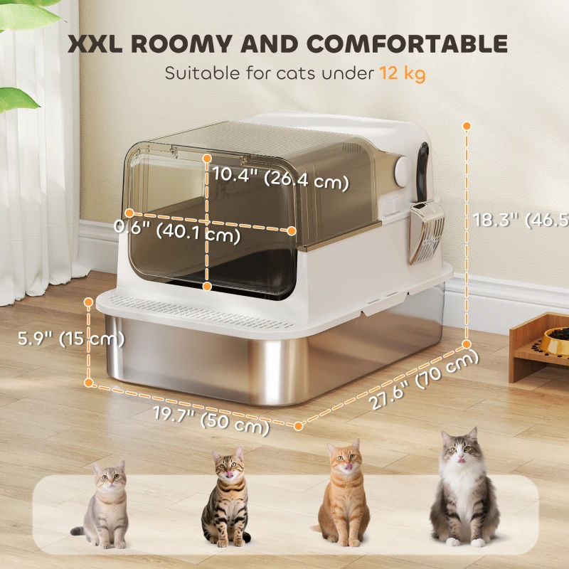 PawHut Stainless Steel Cat Litter Box, Easy-Clean Enclosure with Scoop & Flip Lid, 27.6" L x 19.7" W x 18.3" H, White