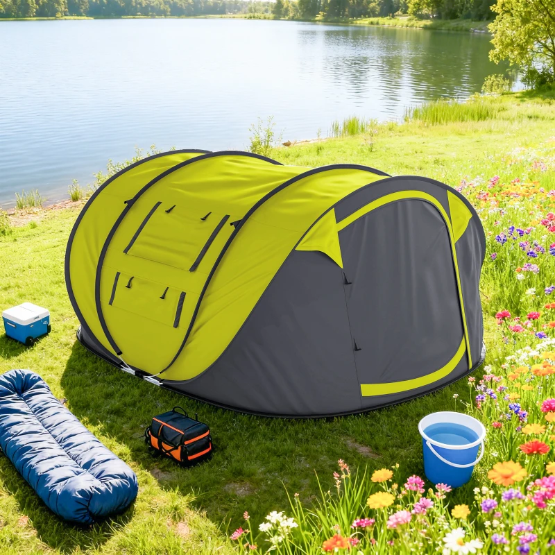 Outsunny 4 Person Camping Tent, Easy Pop Up Tent with Doors, Windows and Carry Bag, Automatic Setup Tent for Hiking, Yellow