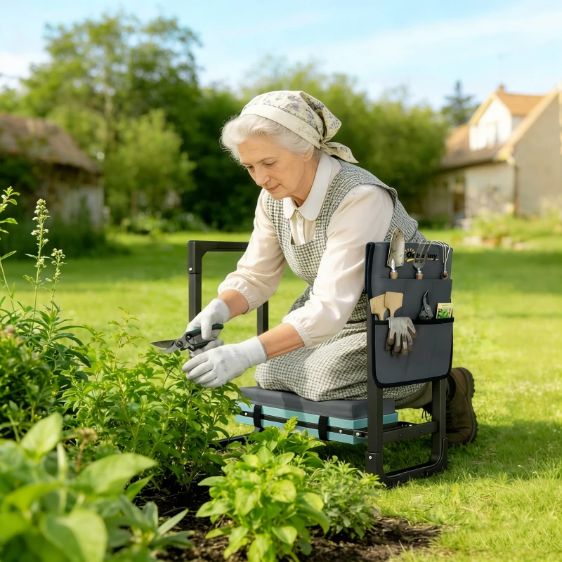 Outsunny Garden Kneeler and Seat, Heavy Duty Foldable Gardening Stool with Thicker Soft Kneeling Pad, Extendable Steel Leg