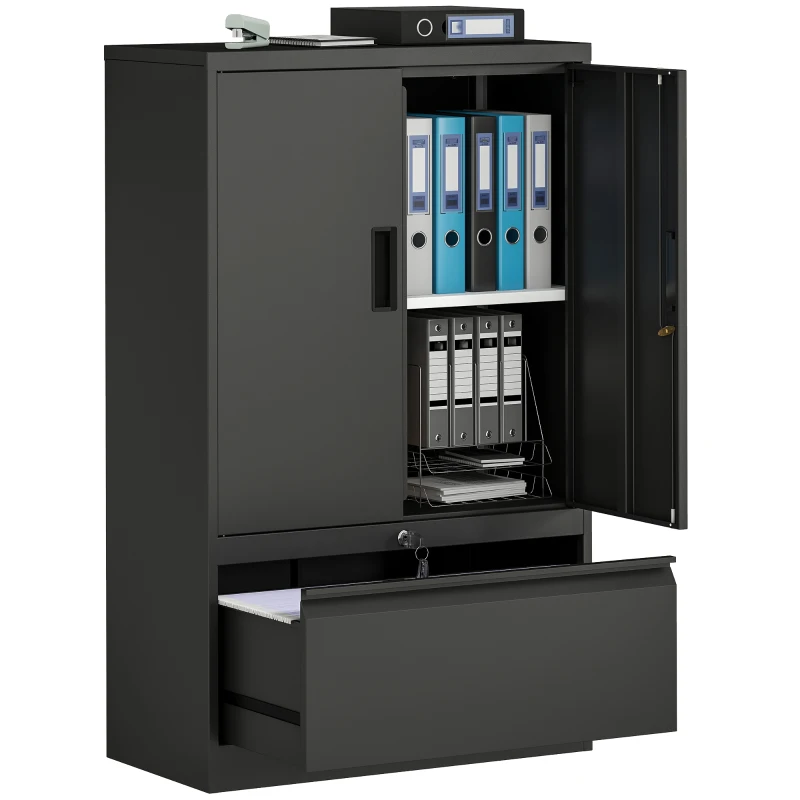 HOMCOM Lateral Filing Cabinet, Metal Storage Cabinet, Garage Cabinet with Double Locks, Adjustable Shelf and File Drawer, Black