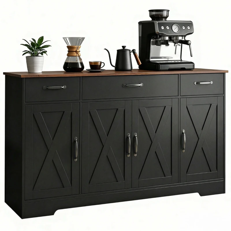 HOMCOM Sideboard Buffet Cabinet, 55" Farmhouse Kitchen Cabinet with 4 Barn Doors, 3 Drawers, 3 Adjustable Shelves, Black