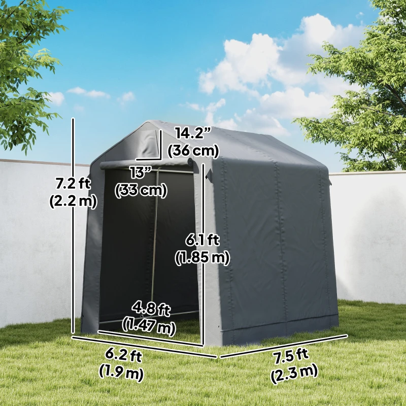 Outsunny 7.5' x 6.2' Portable Shed, Waterproof Bike Tent with Roll-up Zipper Door, Vent and Galvanised Metal Frame, Dark Grey