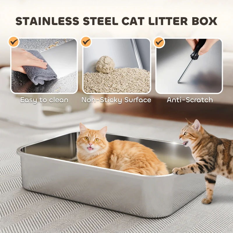PawHut Stainless Steel Cat Litter Box, Easy-Clean Enclosure with Scoop & Flip Lid, 27.6" L x 19.7" W x 18.3" H, White