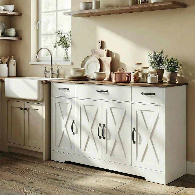 HOMCOM Sideboard Buffet Cabinet, 55" Farmhouse Kitchen Cabinet with 4 Barn Doors, 3 Drawers, 3 Adjustable Shelves, White