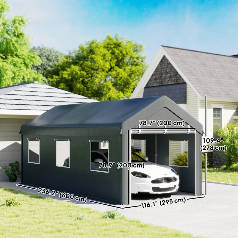 Outsunny 10' x 20' Carport, Heavy Duty Portable Garage with 6 Mesh Windows and 2 Doors, Dark Grey