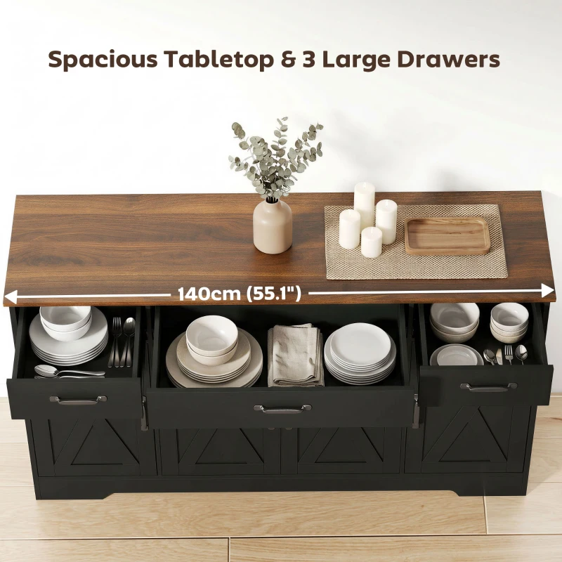 HOMCOM Sideboard Buffet Cabinet, 55" Farmhouse Kitchen Cabinet with 4 Barn Doors, 3 Drawers, 3 Adjustable Shelves, Black