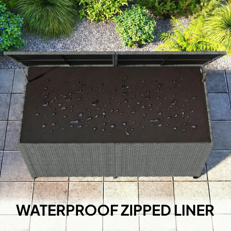 Outsunny 162 Gallon Rattan Deck Box with Wheels, Wicker Outdoor Storage Box with Waterproof Zippered Liner, Safe Pneumatic Rod
