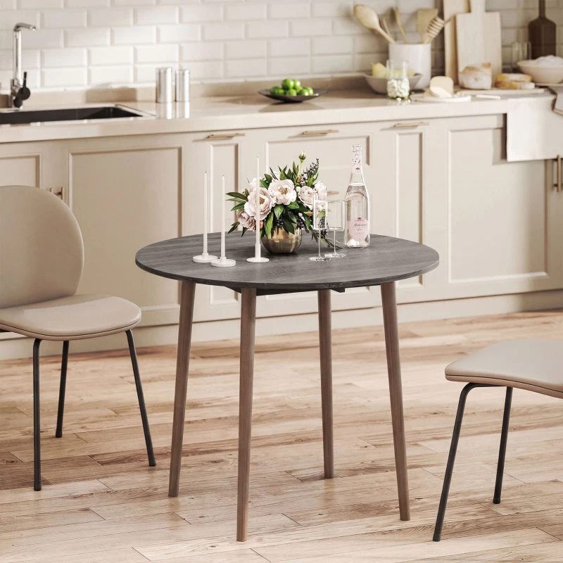 HOMCOM 35" Folding Dining Table, Collapsible Drop Leaf Table with Round Tabletop, Wood Legs, Distressed Light Grey