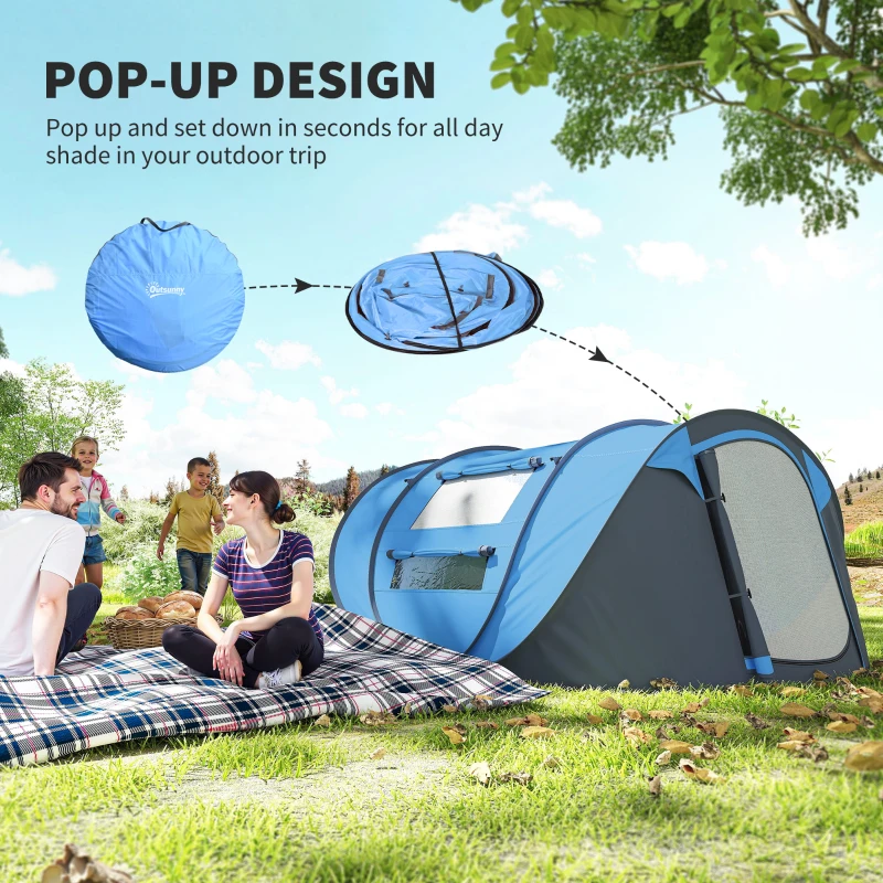 Outsunny 4 Person Camping Tent, Easy Pop Up Tent with Doors, Windows and Carry Bag, Automatic Setup Tent for Hiking, Blue