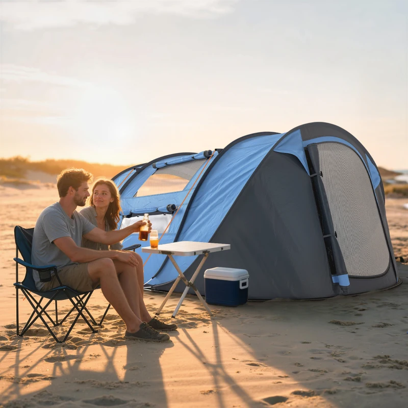 Outsunny 4 Person Camping Tent, Easy Pop Up Tent with Doors, Windows and Carry Bag, Automatic Setup Tent for Hiking, Blue