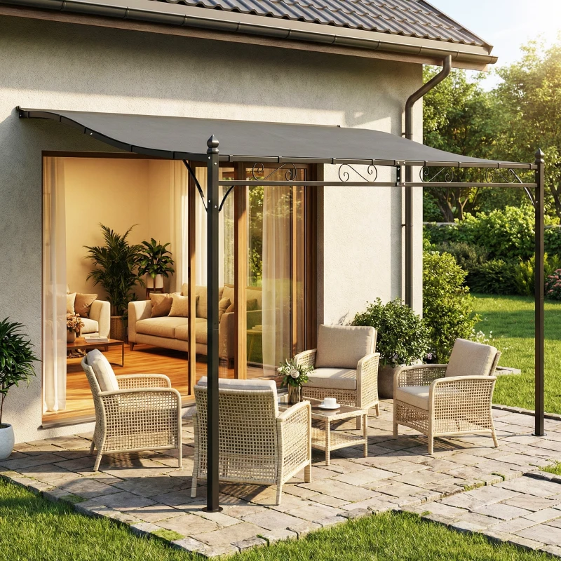 Outsunny 11.5' x 8.2' Outdoor Pergola, Wall Mounted Lean to Pergola with Metal Frame, UPF30+, Garden Gazebo