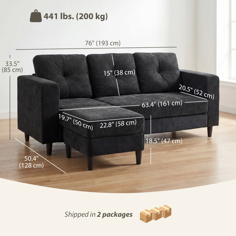 HOMCOM Sectional Sofa, L Shaped Couch with Changeable Chaise, Wooden Legs, Black