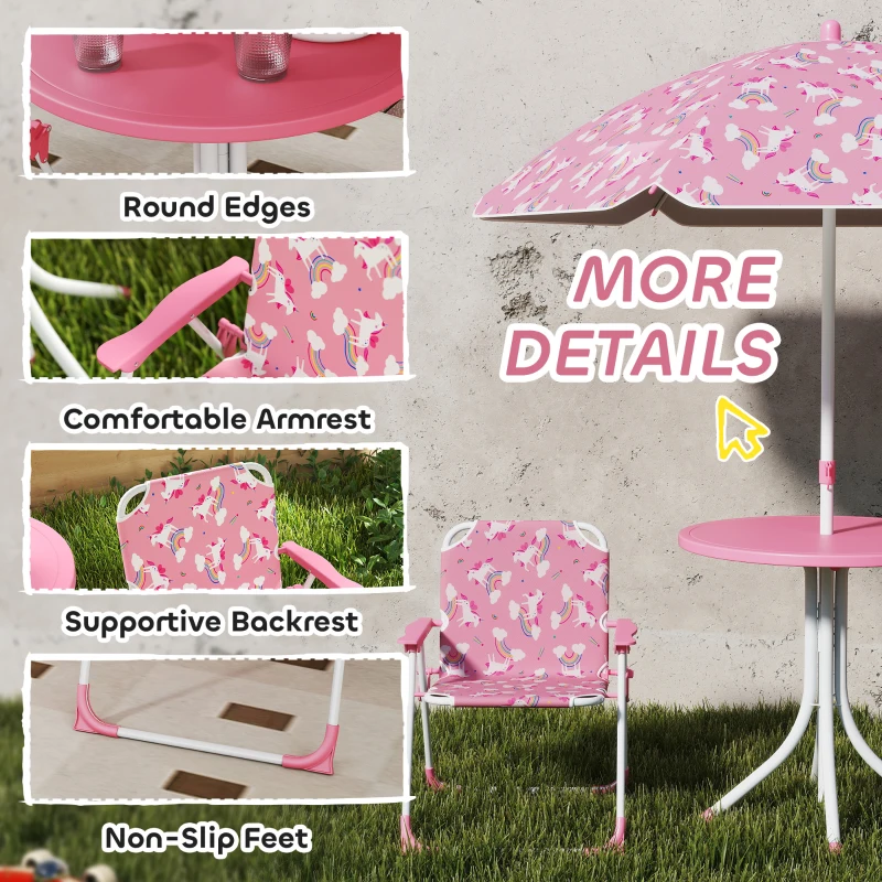 Qaba Kids Picnic Table, Kids Table and Chair Set with 2 Folding Chairs and Umbrella for Backyard, Garden, Patio, Pink