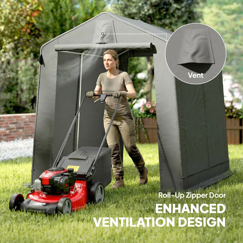 Outsunny 7.5' x 6.2' Portable Shed, Waterproof Bike Tent with Roll-up Zipper Door, Vent and Galvanised Metal Frame, Dark Grey