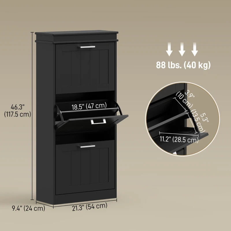 HOMCOM Slim Shoe Cabinet with 3 Flip Drawers and Adjustable Shelves, Narrow Shoe Cabinet for 15 Pairs of Shoes, Black