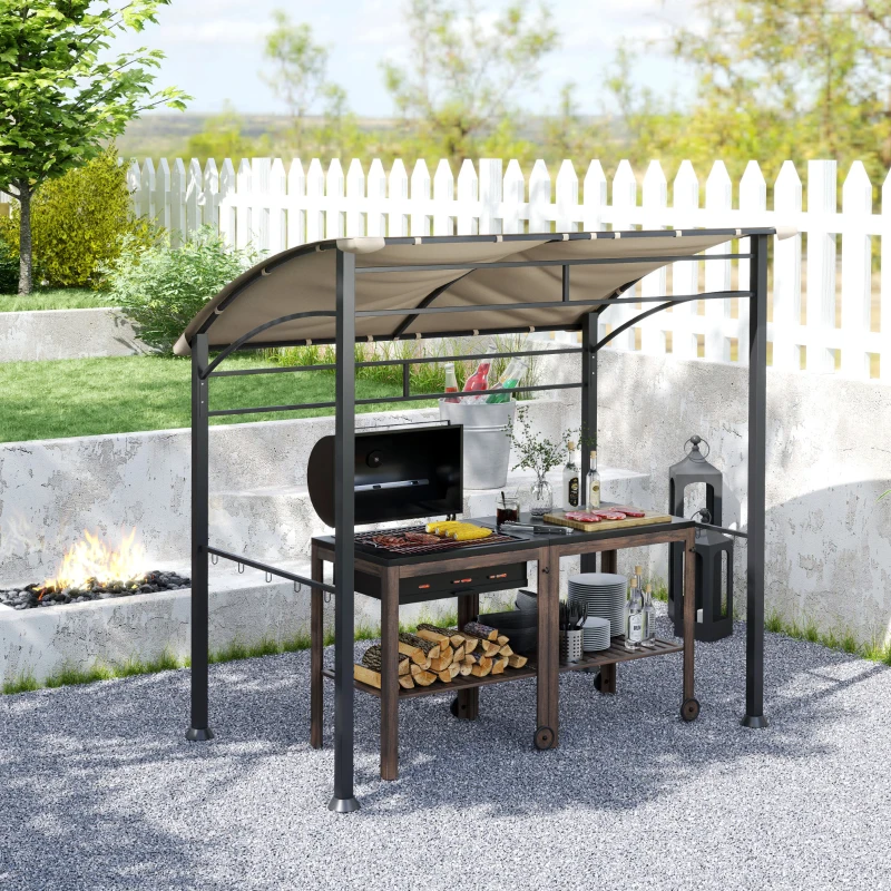 Outsunny 7' x 5' BBQ Grill Gazebo Tent, Garden Grill Canopy with Steel Frame and Hooks, Outdoor Sun Shade, Khaki