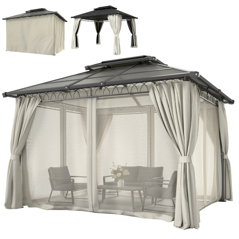 Outsunny 10' x 12' Outdoor Gazebo Canopy, Double Roof Hardtop Gazebo with Polycarbonate Roof, Steel Frame, Nettings and Curtains