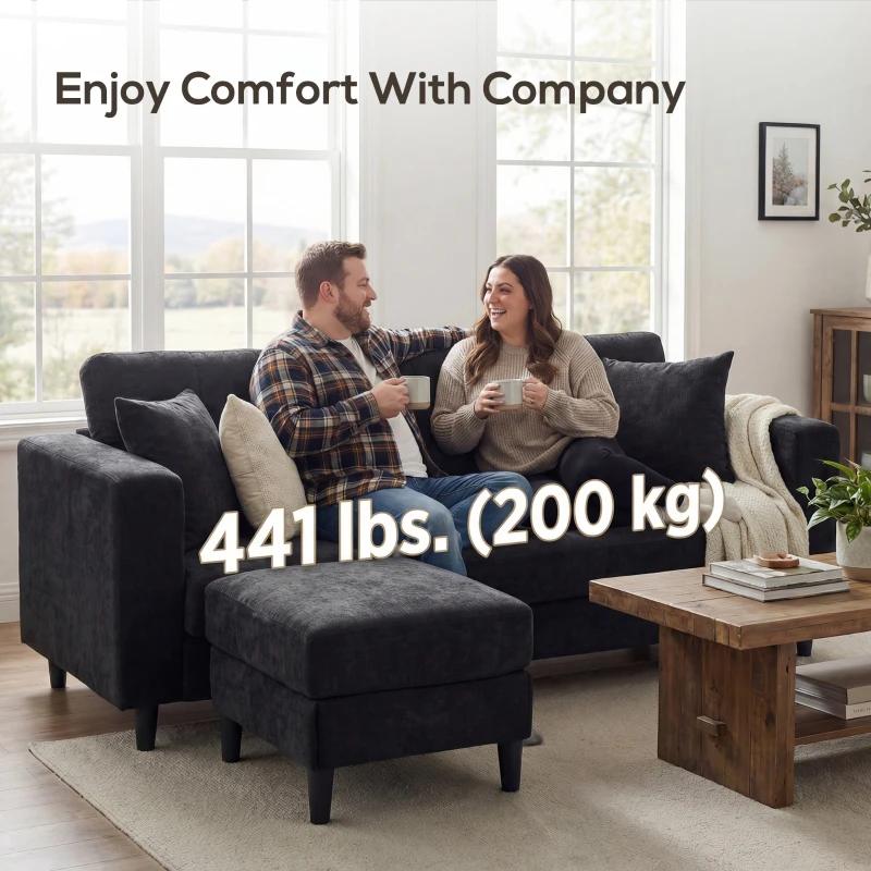 HOMCOM Sectional Sofa, L Shaped Couch with Changeable Chaise, Wooden Legs, Black