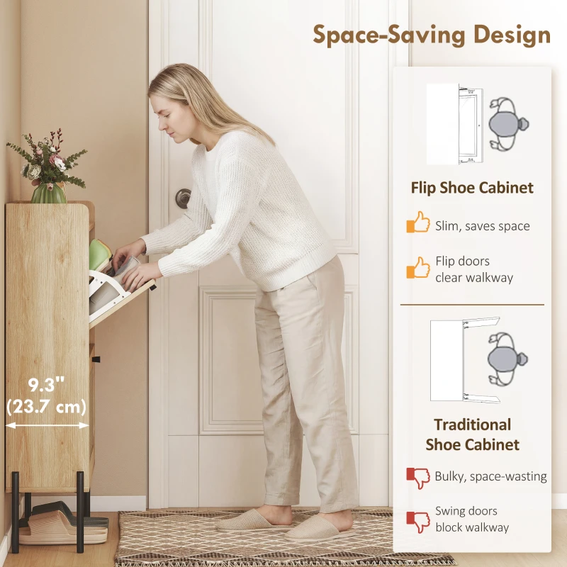 HOMCOM Shoe Cabinet with 2 Flip Drawers, Boho Narrow Shoe Storage Cabinet, Oak