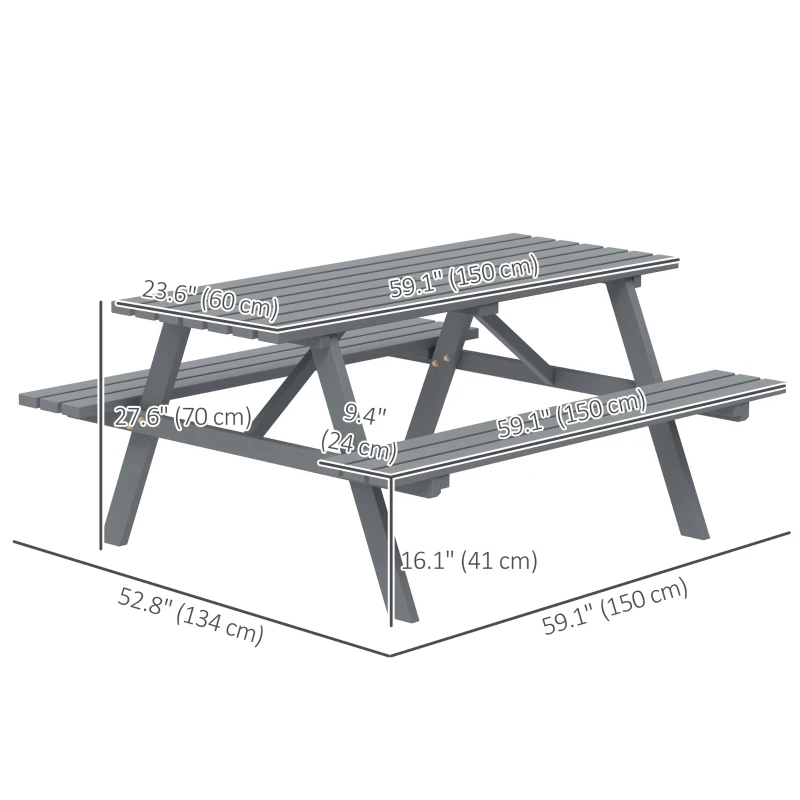 Outsunny Wood Picnic Table, Camping Table and Bench Set with Umbrella Hole for Outdoor, Garden, Patio, Backyard, Grey