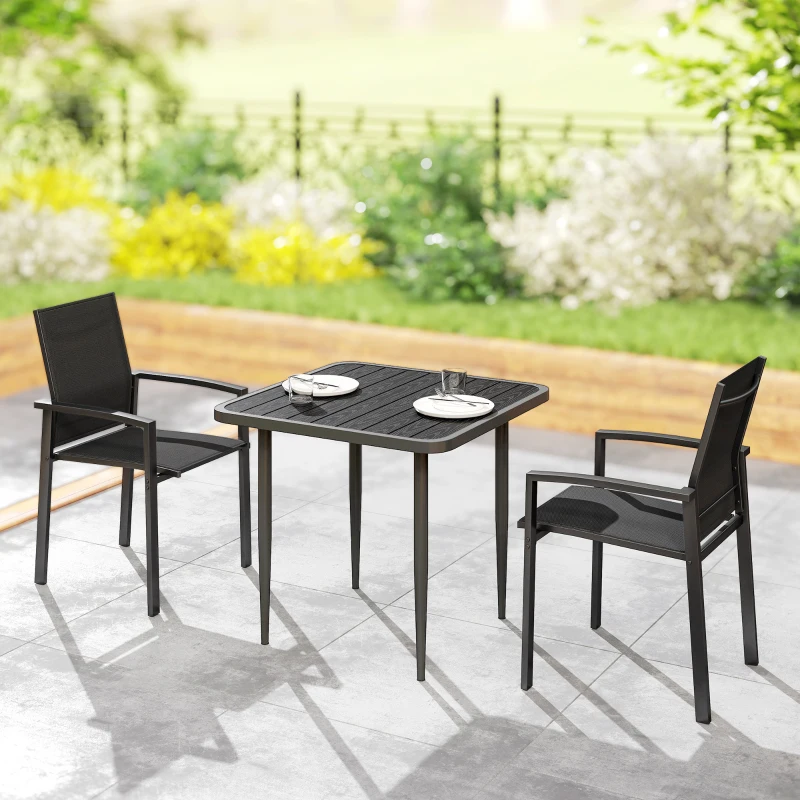 Outsunny Set of 2 Outdoor Garden Chairs, Stackable Patio Dining Chairs with Breathable Fabric, Armrests and Backrest, Black