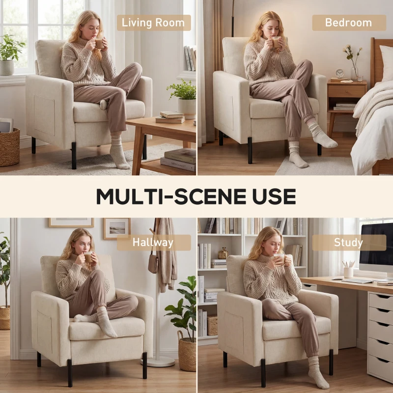 HOMCOM Accent Chair Modern Upholstered Armchair with Side Pockets and Cushion for Bedroom, Living Room, Beige