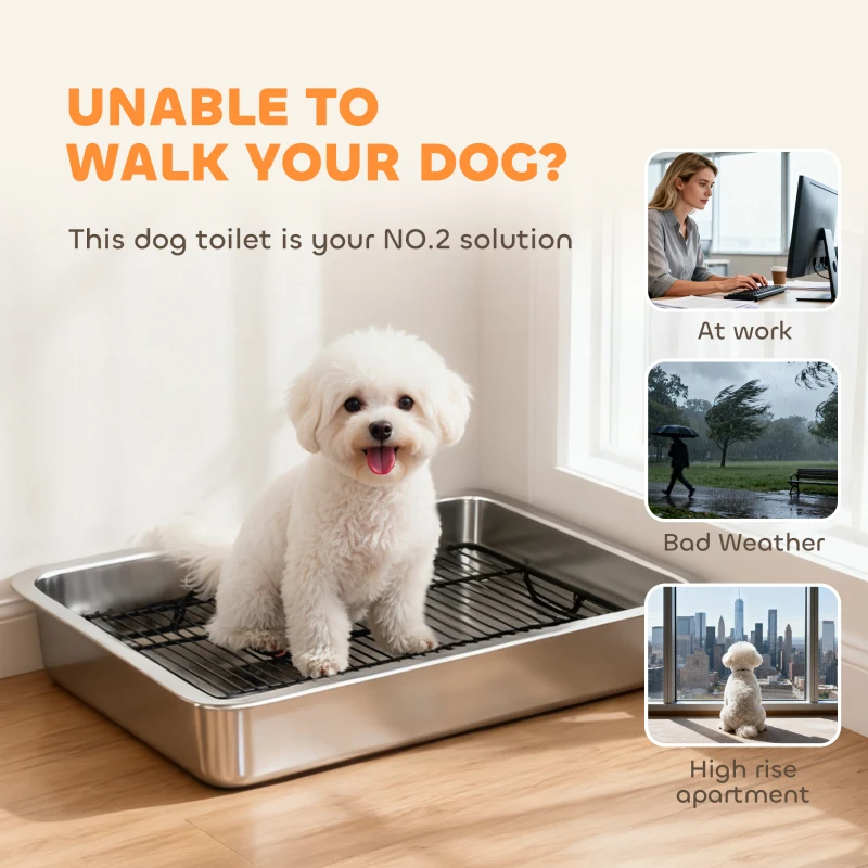 PawHut Dog Potty Tray Stainless Steel for Small and Medium Dogs, Dog Training Tray for Porch, Bathroom, Balcony, 28" x 20" x 4"