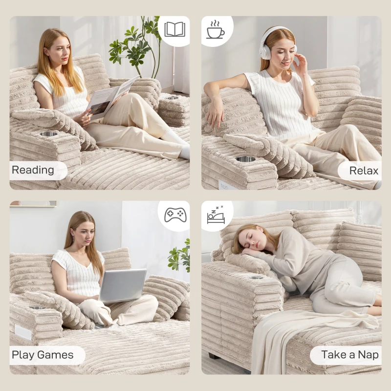 HOMCOM 60" Chaise Lounge Chair, Oversized Upholstered Sofa Bed with Cup Holders & Pillows, Sleeper Couch for Living Room, Beige