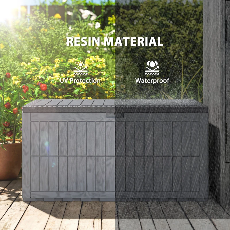 Outsunny 100 Gallon Resin Deck Box, Waterproof Lockable Outdoor Storage Box with Pneumatic Gas Rods, Side Handles