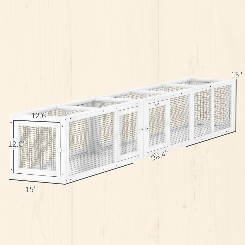 PawHut Wooden 98" Cat Tunnel for Outdoor with Combinable Design, 8 Doors, White