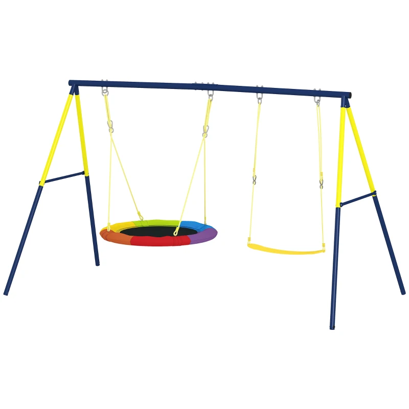Qaba Kids Swing Set with Double Swings, Outdoor Playset with Adjustable Ropes, Metal Frame for Ages 3-8, 150kg Capacity