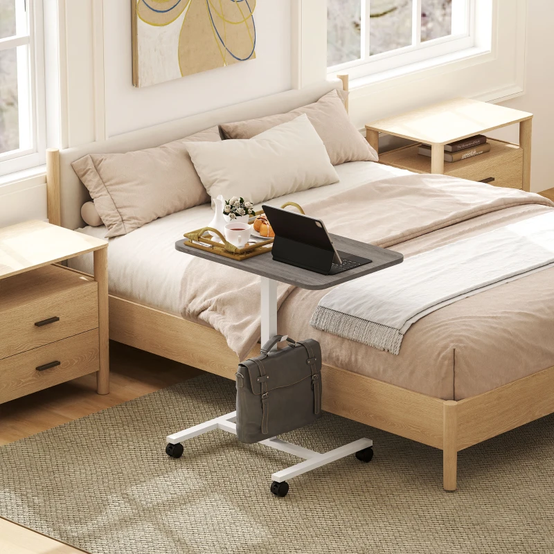 HOMCOM Height Adjustable Standing Desk, Pneumatic Sit Stand Desk with Wheels and Headphone Hook, Grey Wood Grain