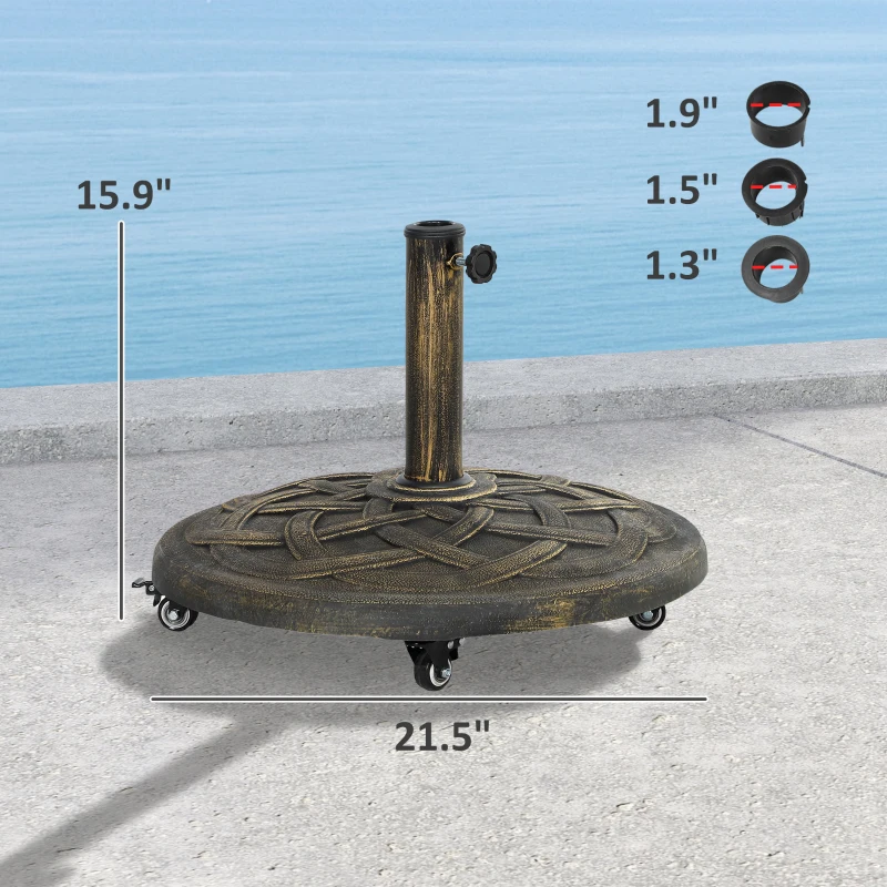 Outsunny Round Patio Umbrella Base with Wheels, 44 lbs Resin Umbrella Stand Base, Heavy Duty Patio Umbrella Holder for 1.3"/1.5"/1.9" Umbrella Poles for Outdoor, Lawn, Poolside, Bronze
