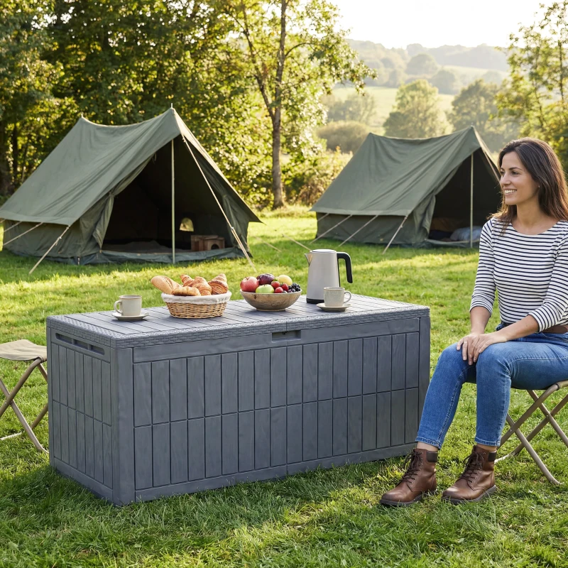 Outsunny 100 Gallon Resin Deck Box, Waterproof Lockable Outdoor Storage Box with Pneumatic Gas Rods, Side Handles