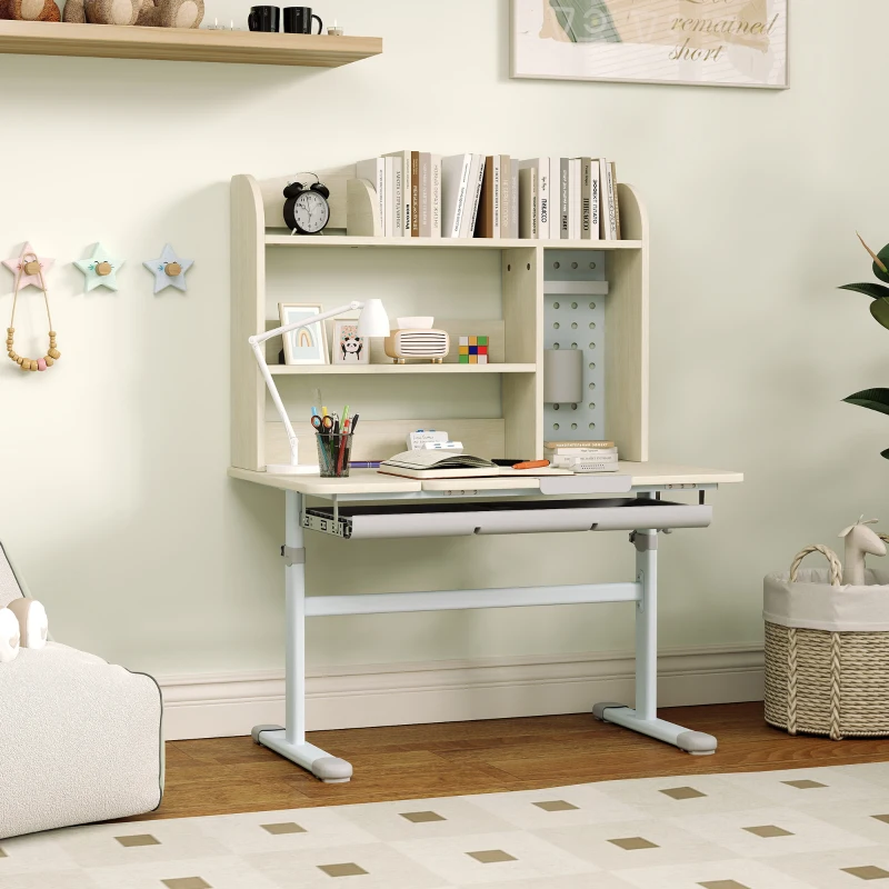 Qaba Kids Desk Height Adjustable with Tilted Desktop, Storage, Drawer, Pegboard, for 3-12 Years