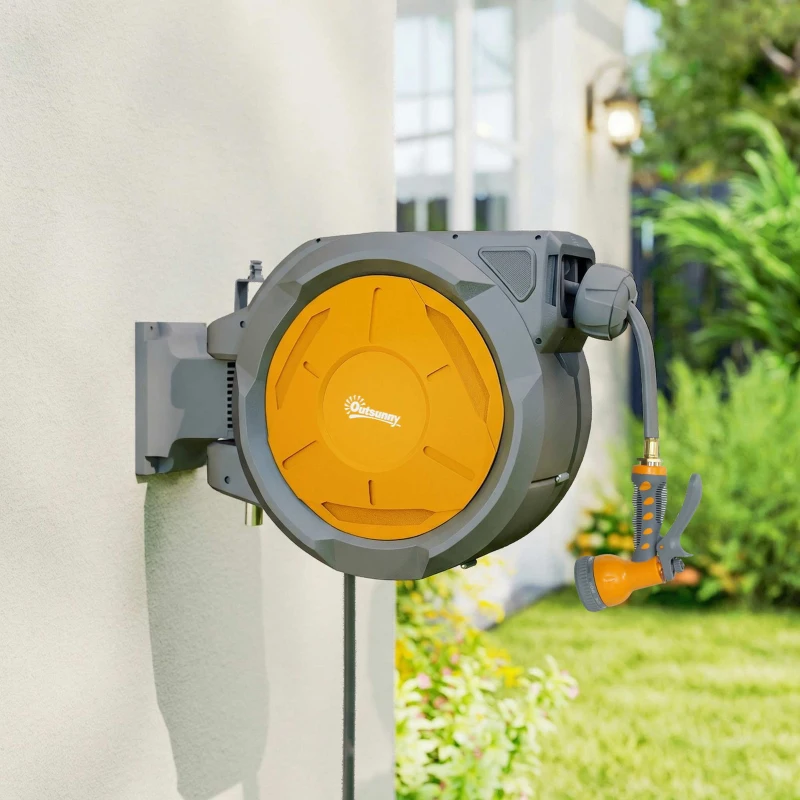Outsunny 1/2 in x 100ft Wall Mounted Garden Hose Reel, Retractable Water Hose Reel with Auto Rewind, Any Length Lock, Orange