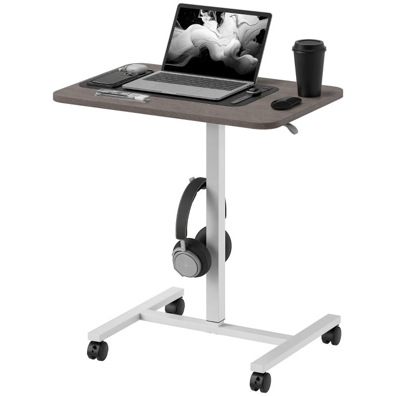 HOMCOM Height Adjustable Standing Desk, Pneumatic Sit Stand Desk with Wheels and Headphone Hook, Grey Wood Grain
