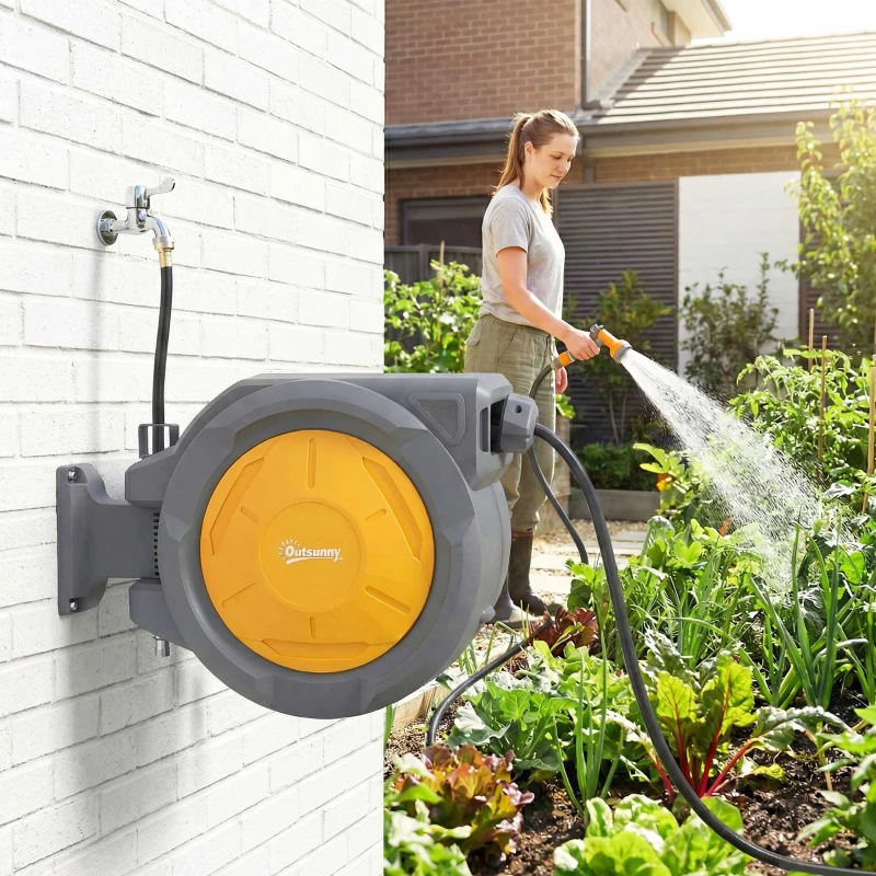 Outsunny 1/2 in x 100ft Wall Mounted Garden Hose Reel, Retractable Water Hose Reel with Auto Rewind, Any Length Lock, Orange