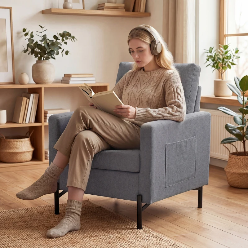 HOMCOM Accent Chair Modern Upholstered Armchair with Side Pockets and Cushion for Bedroom, Living Room, Dark Grey