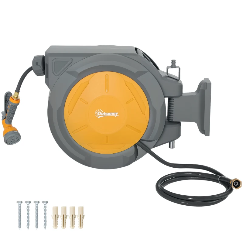 Outsunny 1/2 in x 100ft Wall Mounted Garden Hose Reel, Retractable Water Hose Reel with Auto Rewind, Any Length Lock, Orange