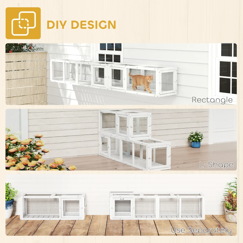 PawHut Wooden 98" Cat Tunnel for Outdoor with Combinable Design, 8 Doors, White