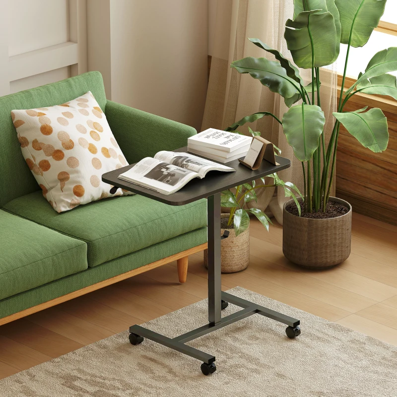 HOMCOM Height Adjustable Standing Desk, Pneumatic Sit Stand Desk with Wheels and Headphone Hook, Black Wood Grain