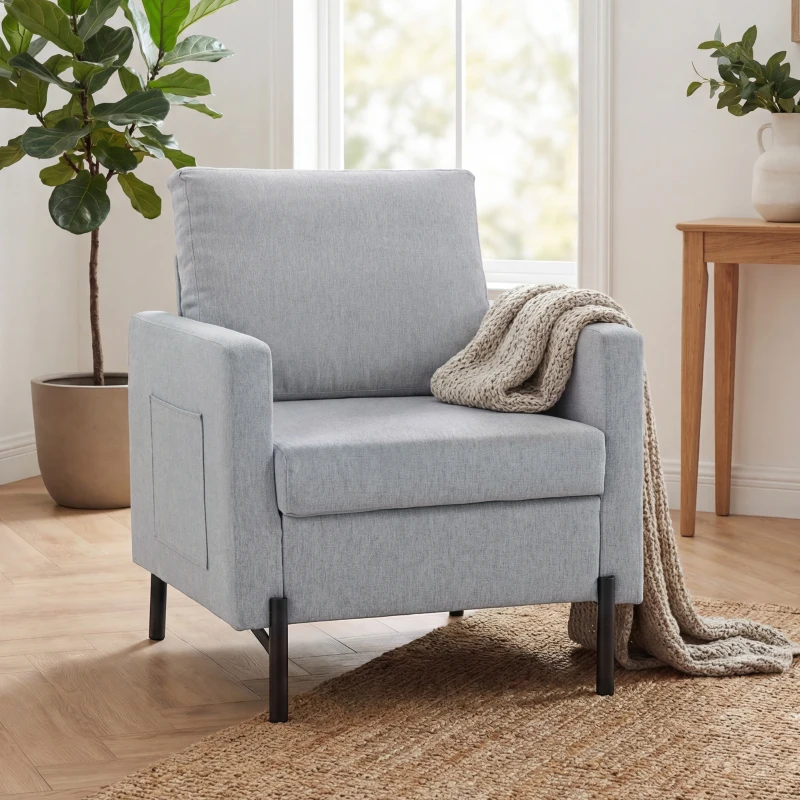 HOMCOM Accent Chair Modern Upholstered Armchair with Side Pockets and Cushion for Bedroom, Living Room, Light Grey