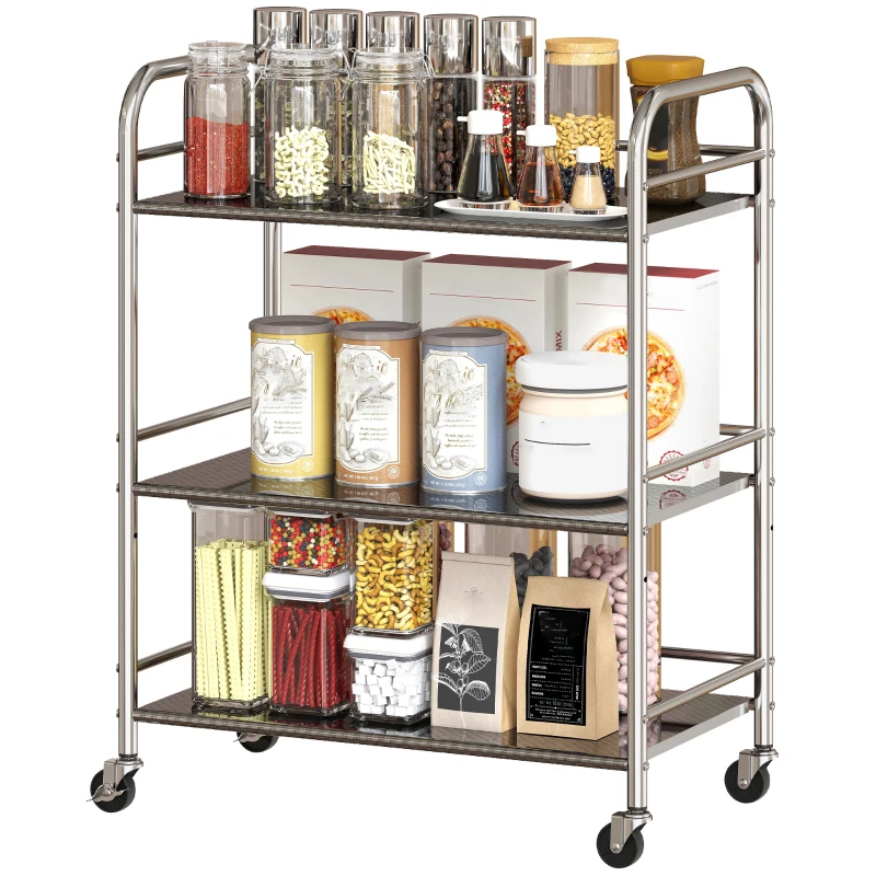 HOMCOM 3 Tier Stainless Steel Rolling Cart with Adjustable Shelf, Utility Cart on Wheels with Handles for Kitchen, Silver